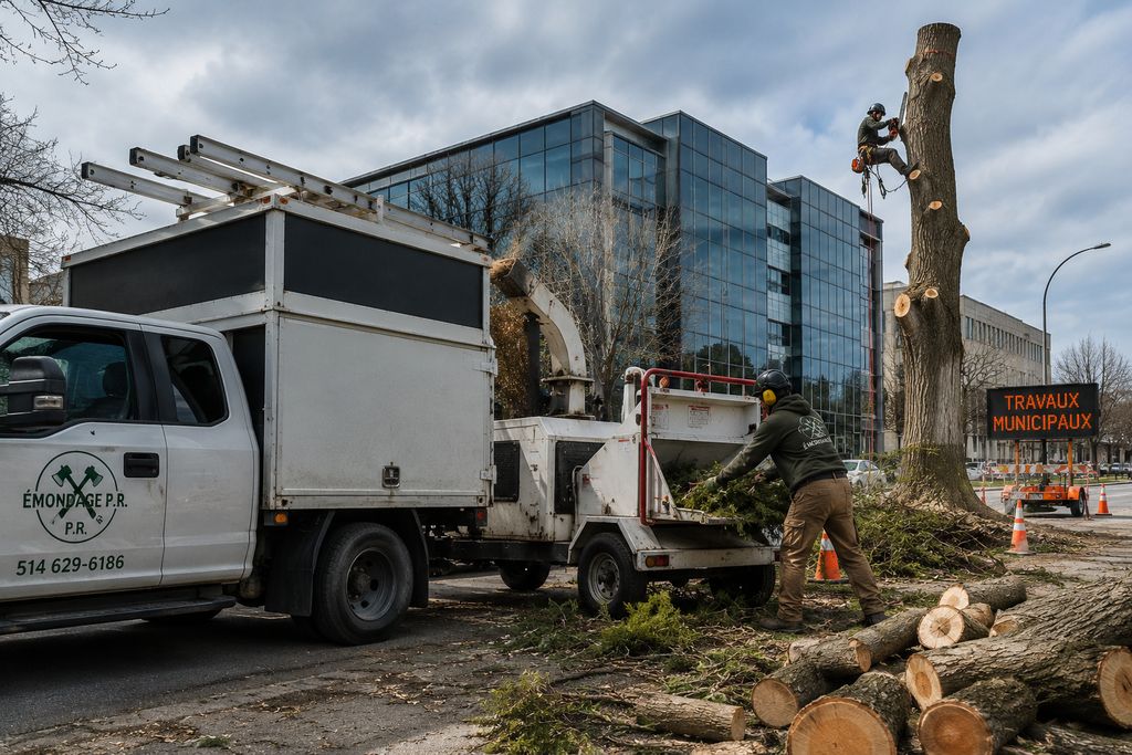 Équipe d'Émondage P.R. en travaux municipaux, déchiquetage et grimpeur sur un arbre de rue