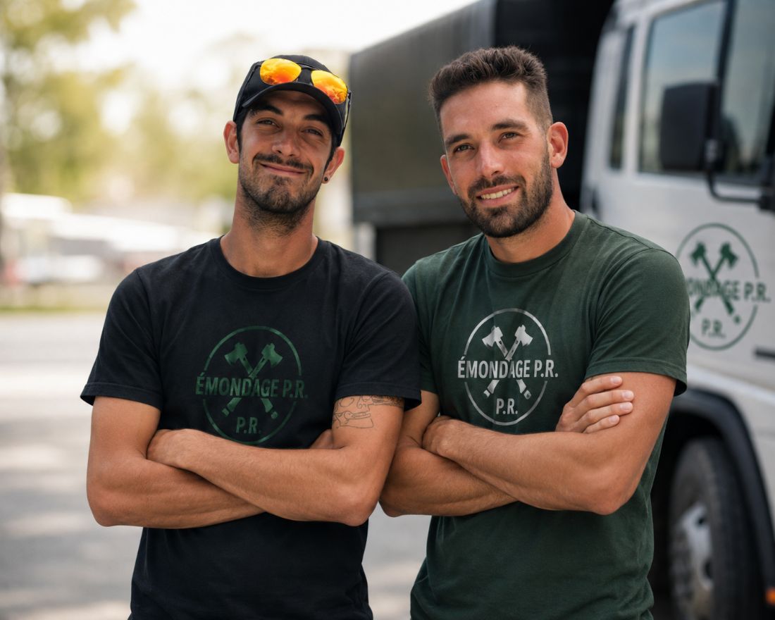 Pascal et Guillaume Ravary, fondateurs d'Émondage P.R., devant un camion de l'entreprise à Saint-Lin-Laurentides